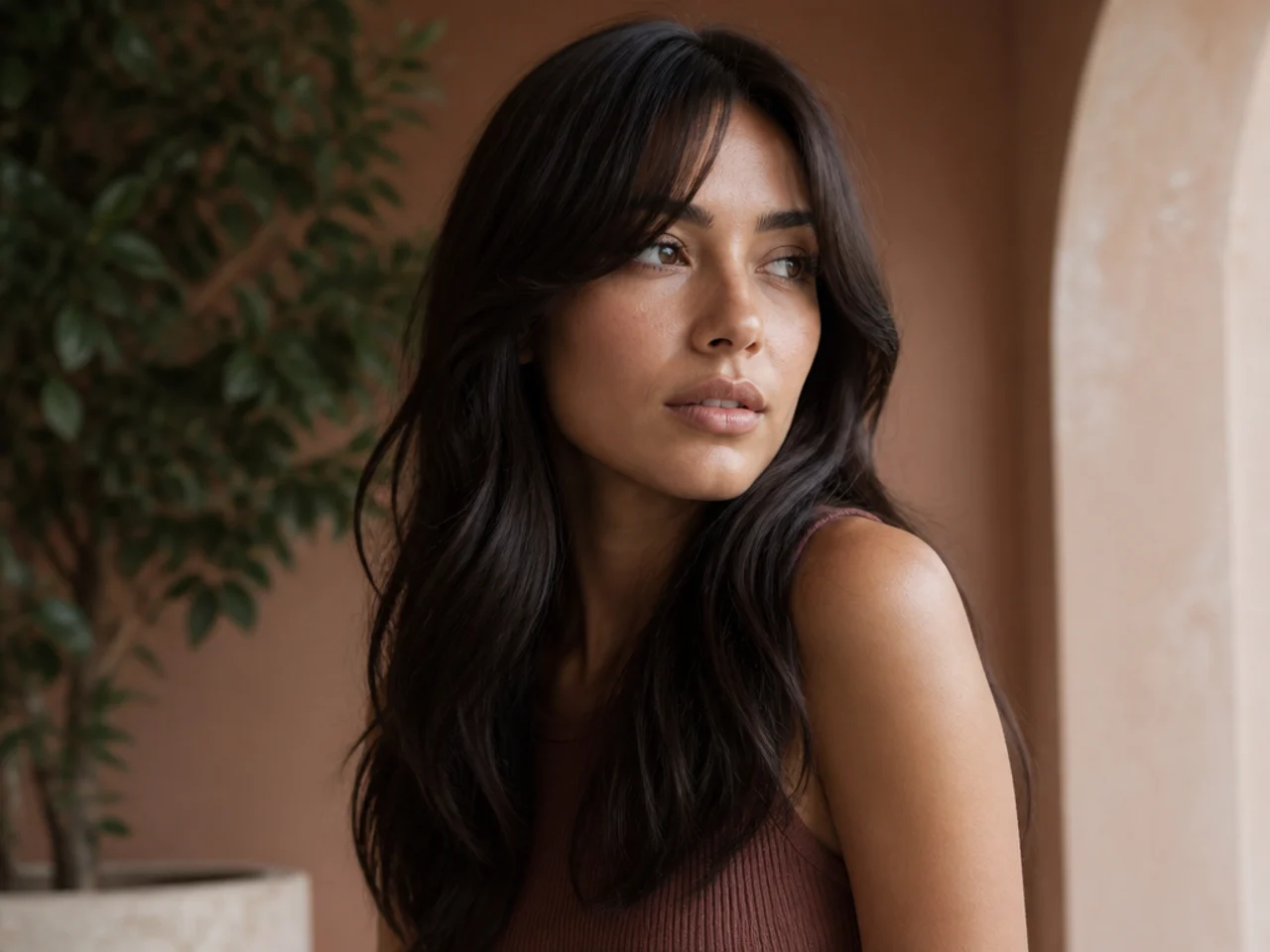 Three quarter portrait of long hair with short parted curtain bangs