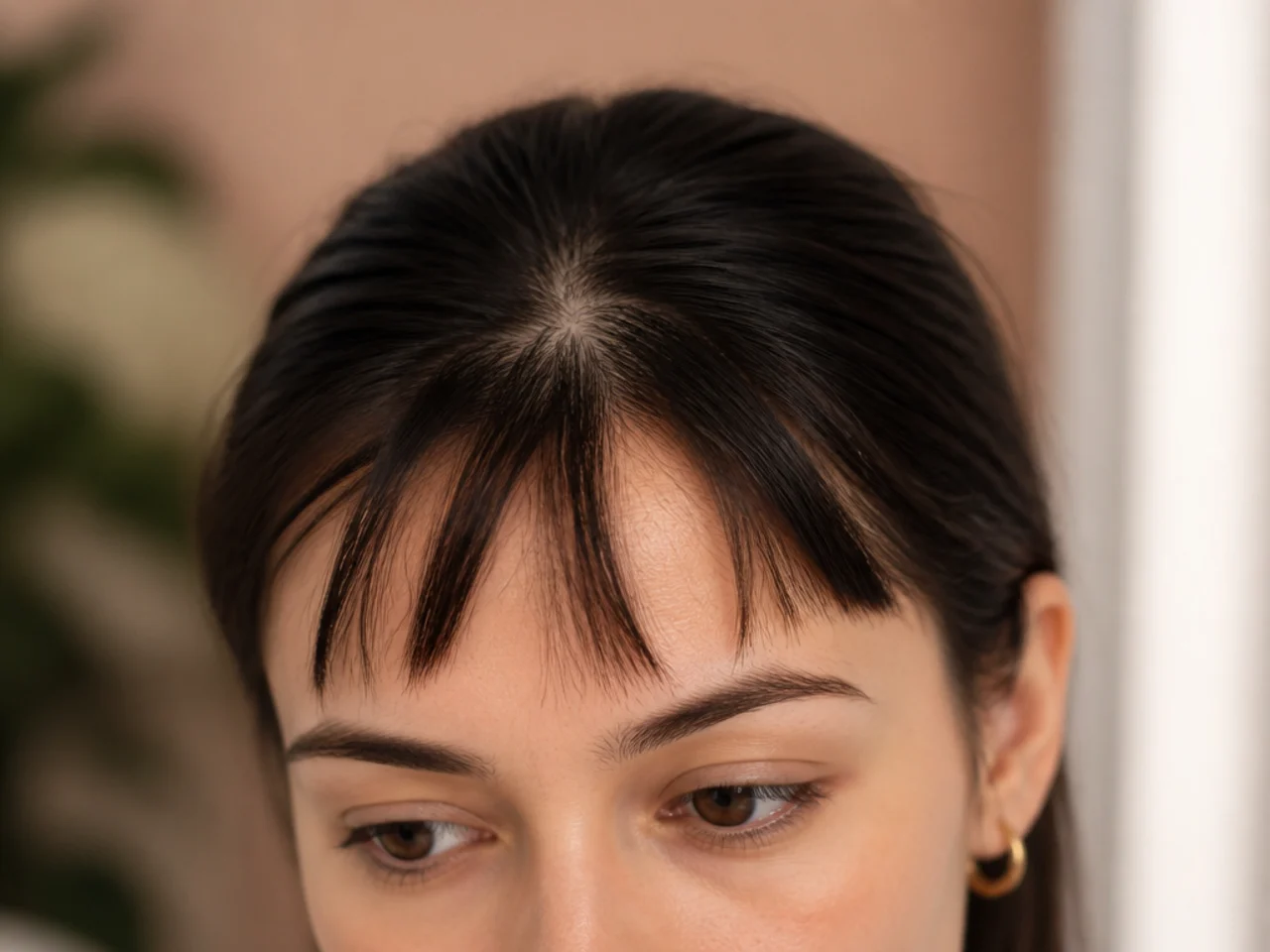 A fringe cut too short and splitting apart over a cowlick at the hairline