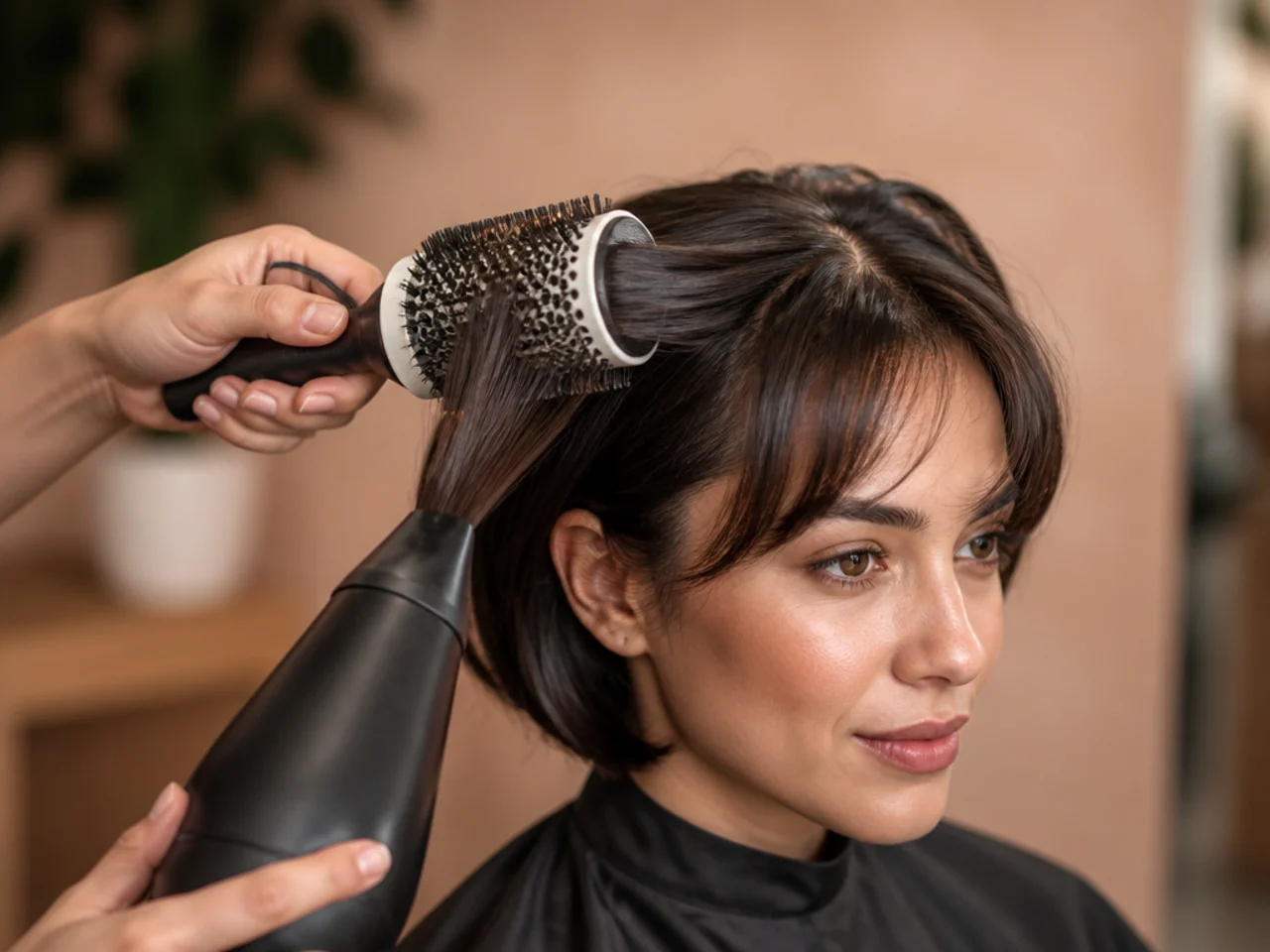 A round brush drying a short fringe section forward and away from the face