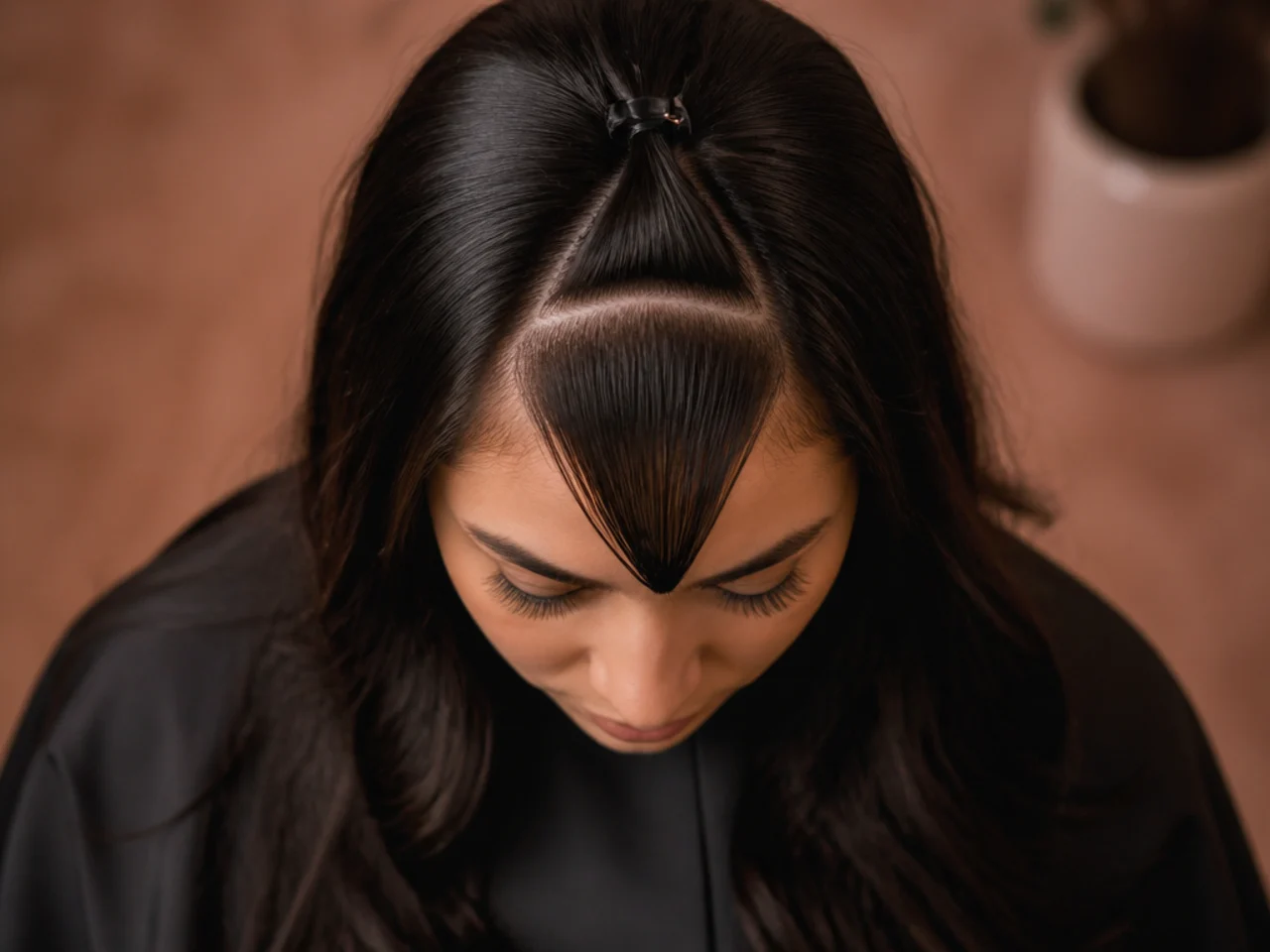 Overhead view of a triangular fringe section clipped away from long hair before cutting