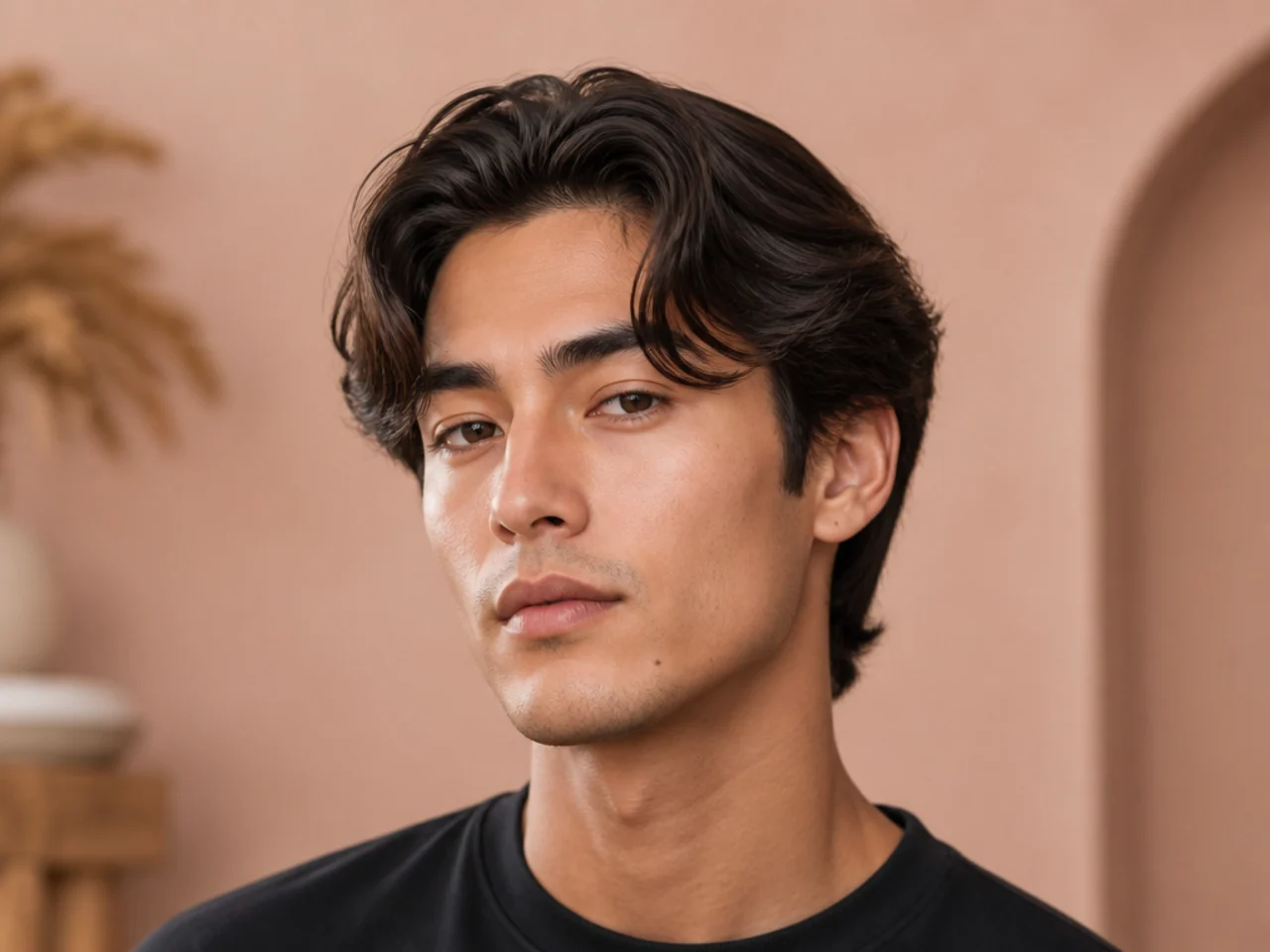90s-inspired short curtain haircut with a heavier fringe and scissor sides above the ear, no taper