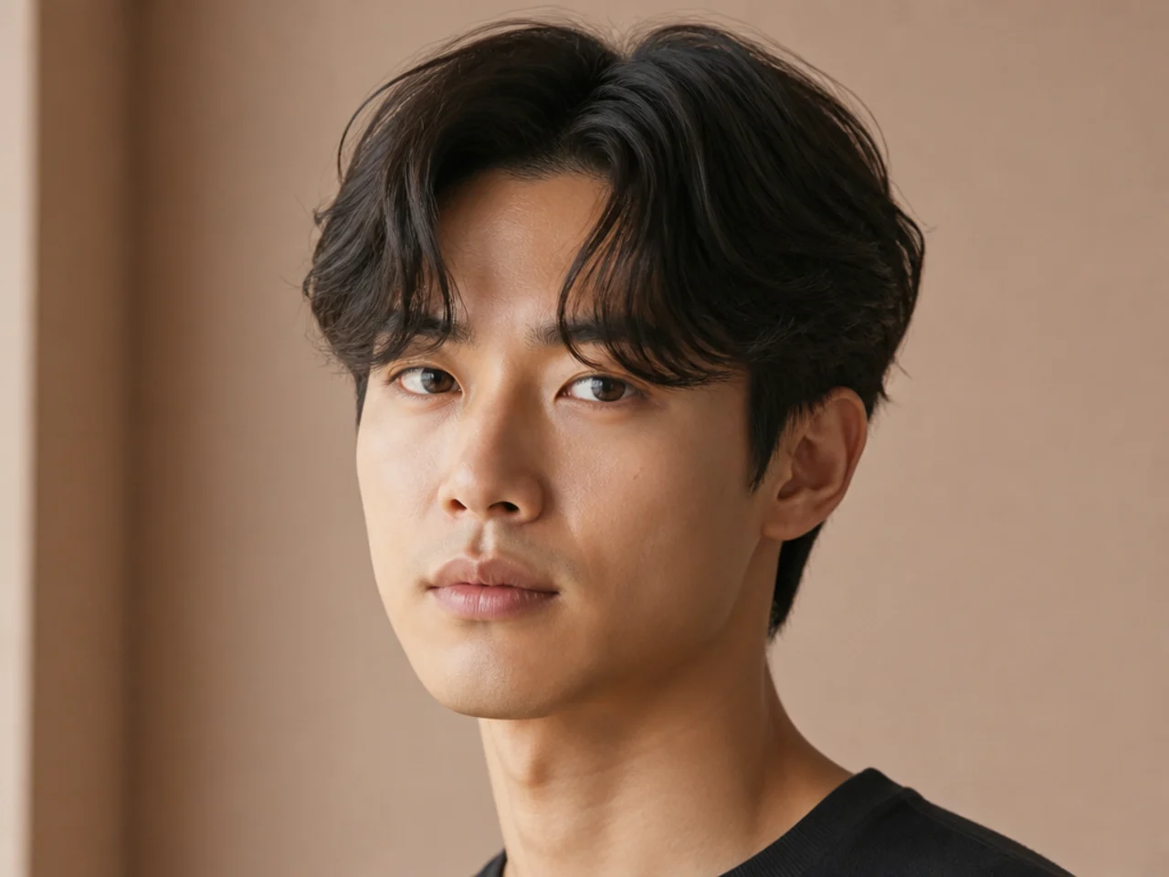 Classic short curtain haircut on a young man with straight brown hair parted down the center, scissor-tapered sides