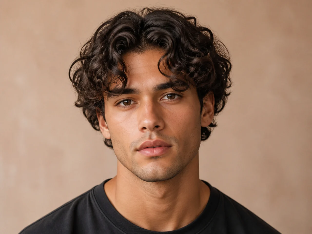 Short curtain haircut on curly hair cut dry with four inches on top and springs falling into two curtains