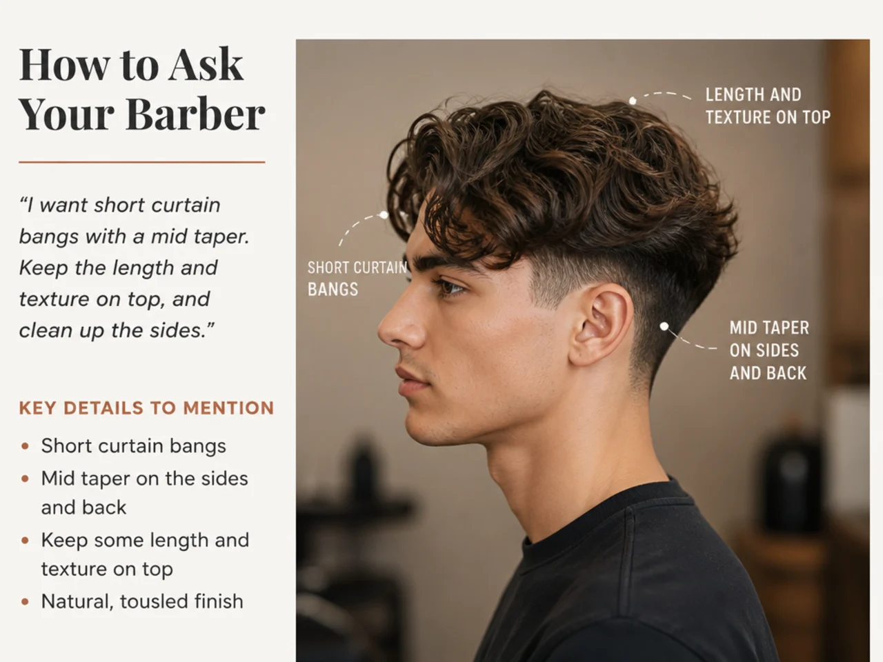 Client showing a phone reference photo of a short curtain haircut to a barber in a modern barbershop
