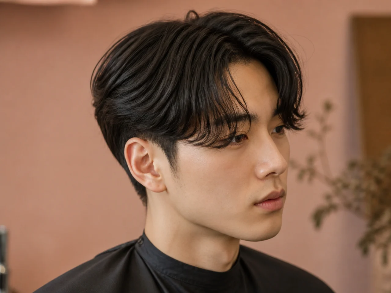 Korean-style short curtain haircut with feathered fringe and softer sides on an Asian man