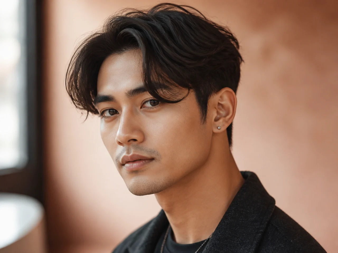 Off-center short curtain haircut with an asymmetric part where one curtain hangs a touch longer