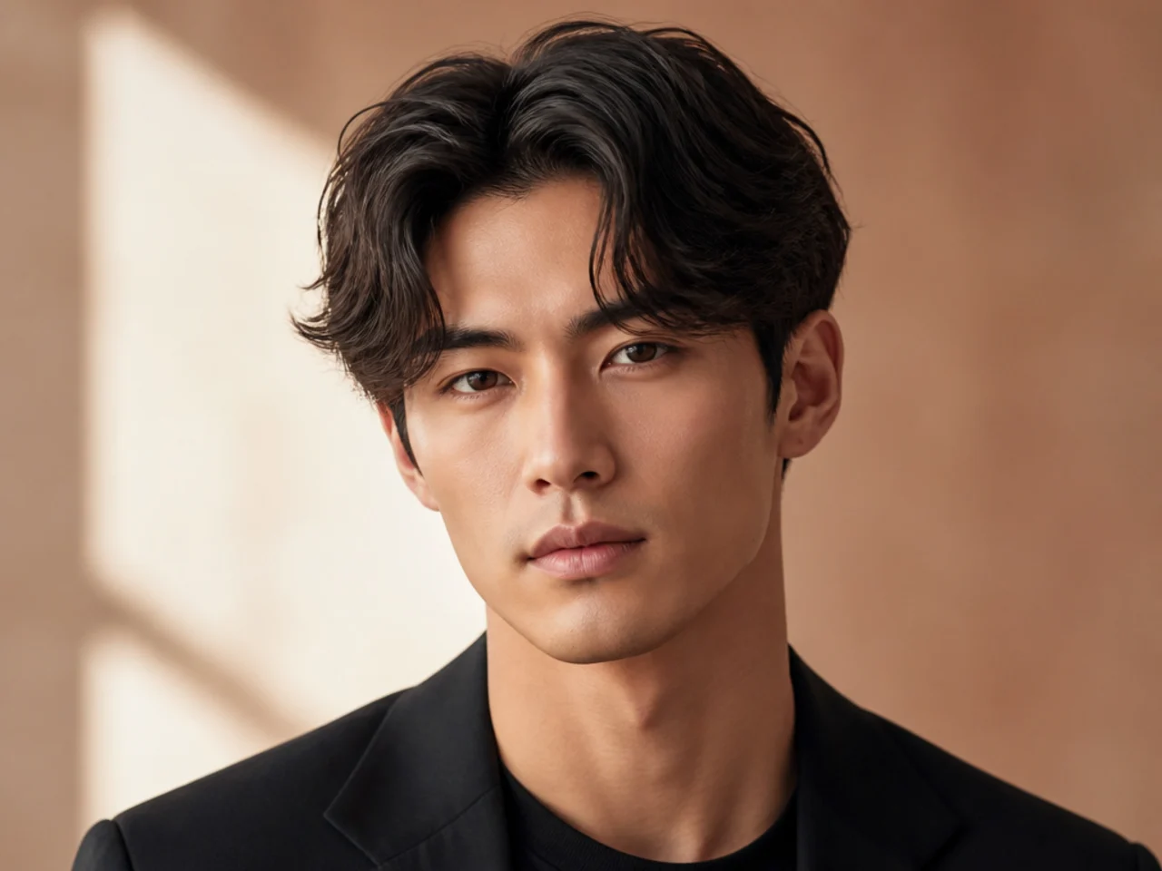 Office-friendly short business curtain haircut with the fringe kept above the brow and a subtle low taper