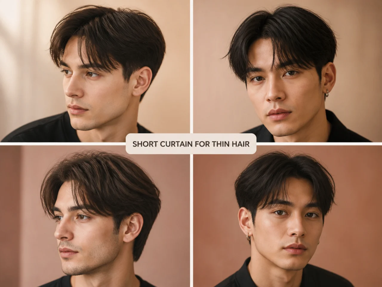 Short curtain haircut styled for fine thin hair with heavy point-cutting and visual volume at the crown
