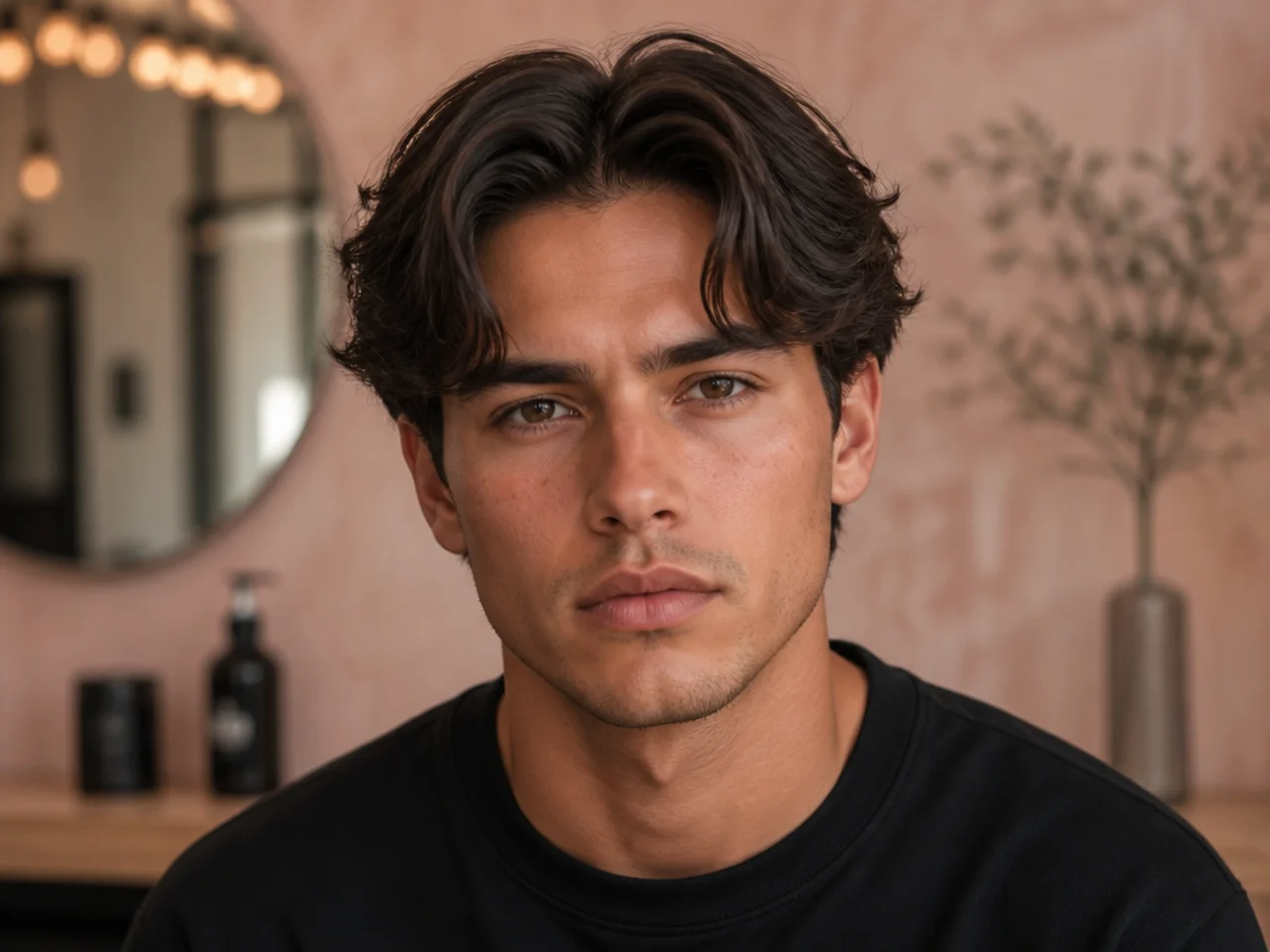 Short curtain haircut with a short curtain fringe cut just above the eyebrows and split off-center
