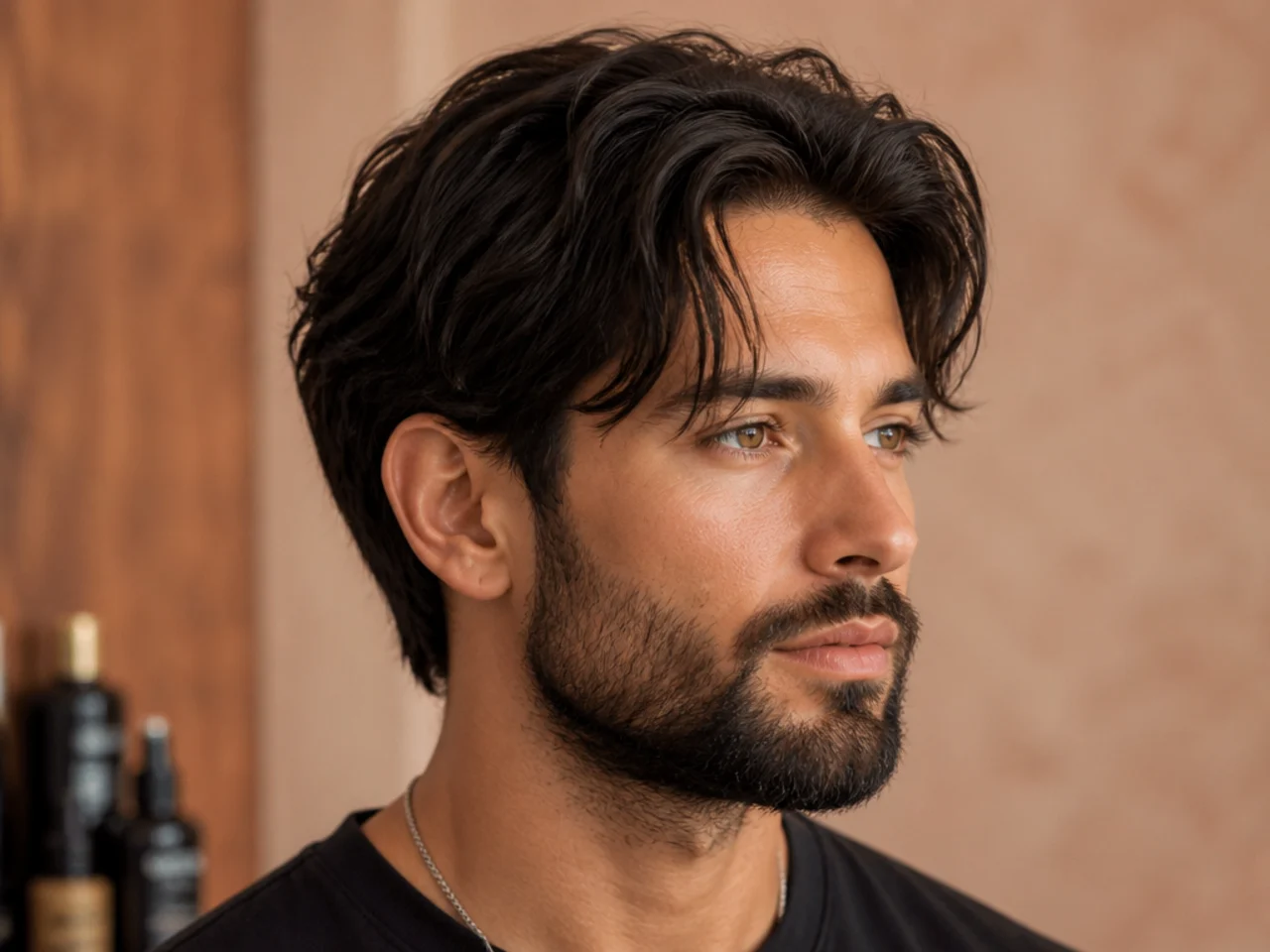 Short curtain haircut paired with a short fade beard so the hair and beard read as one framing oval