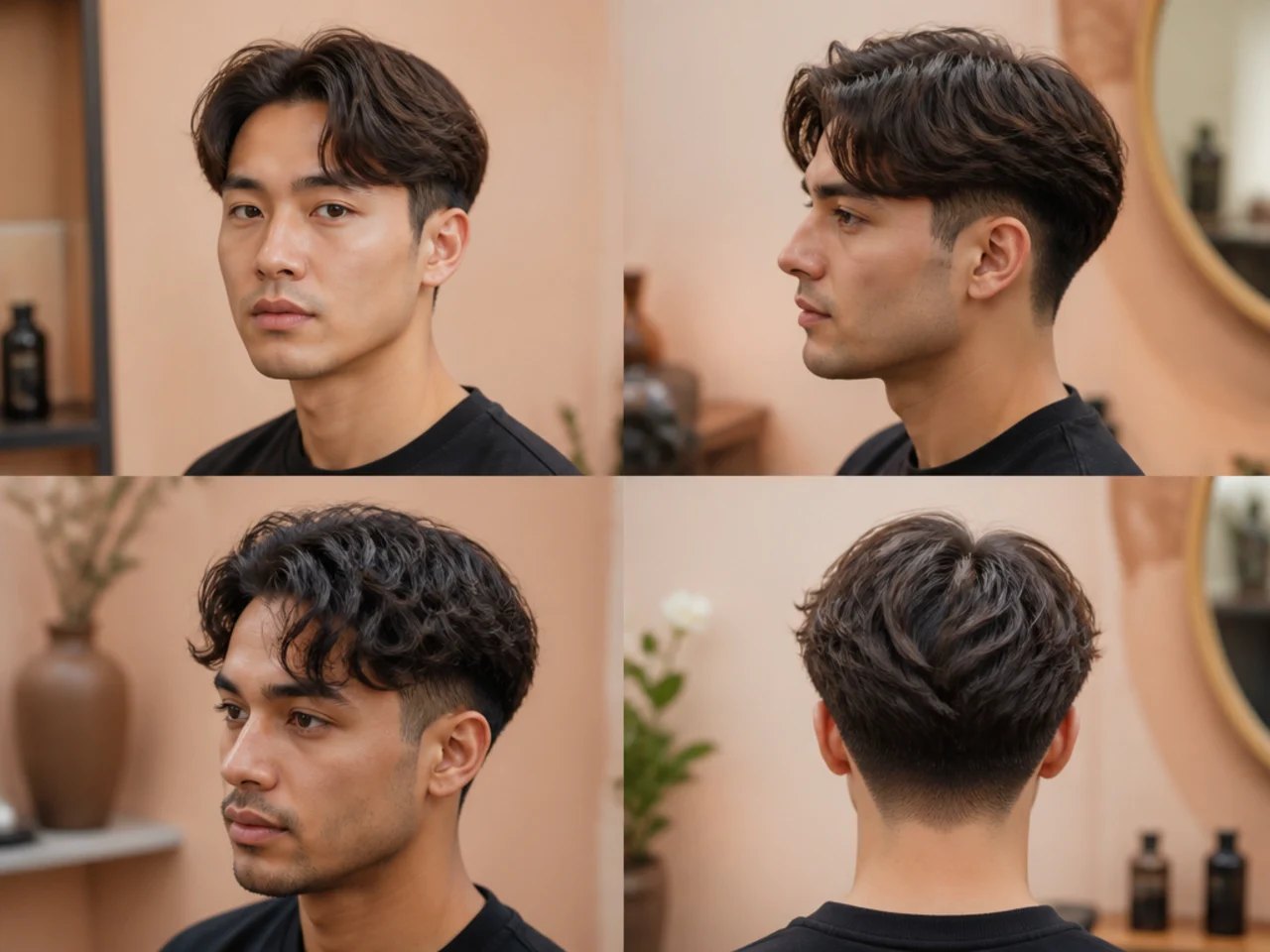 Short curtain haircut with a low taper fade blending from a three-guard to skin at the sideburn