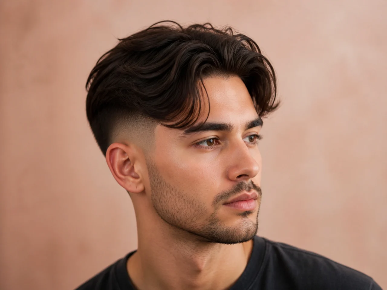 Short curtain haircut with a mid fade starting at the temple with high contrast between the top and sides