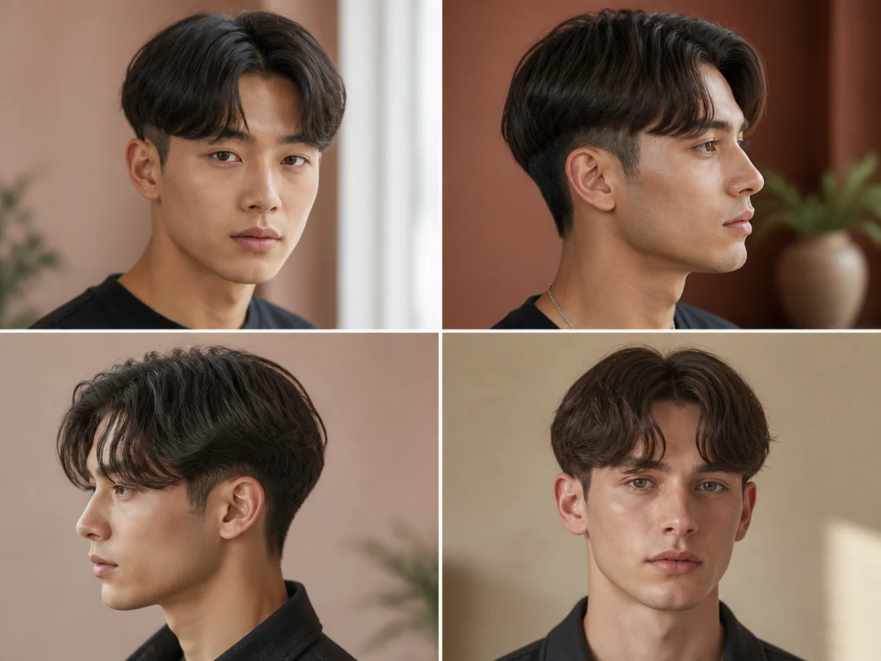 Short curtain haircut with a two-block cut where a longer scissor layer covers a buzzed underlayer at the sides