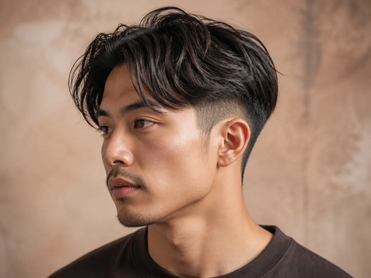 Short curtain haircut with a disconnected undercut where the top length drops sharply over buzzed sides