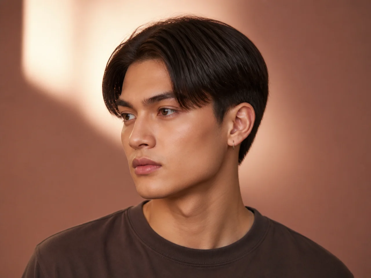 Sleek straight short curtain haircut with a blunt heavy fringe and glass-smooth finish