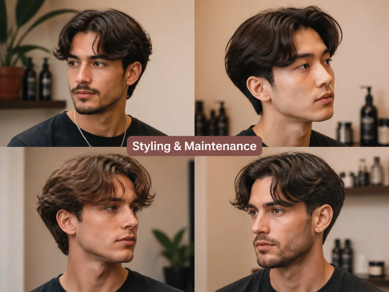 Flat-lay of styling products for a short curtain haircut: matte cream, sea-salt spray, wide-tooth comb, microfiber towel