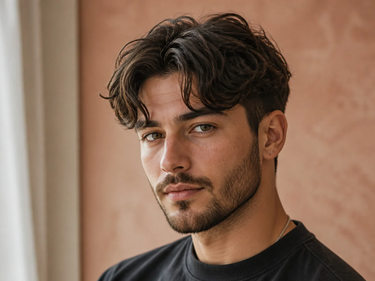 Textured short curtain haircut with piecey point-cut fringe on a man with wavy hair