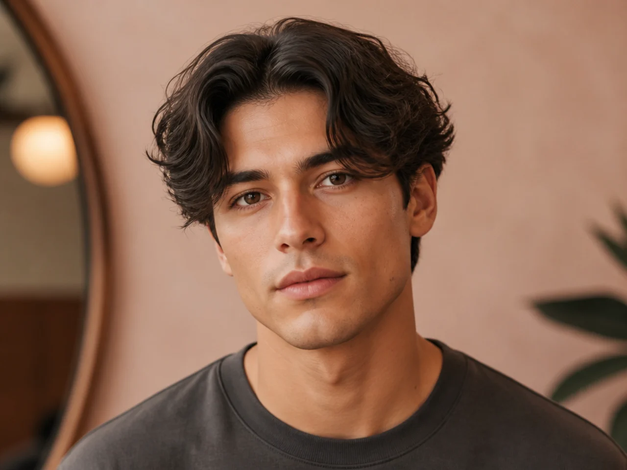 Short curtain haircut on wavy hair with internal layering so the S-curve falls forward at the fringe