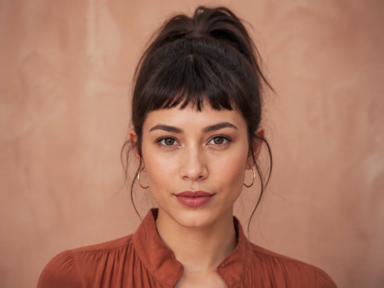 A short fringe worn with a high ponytail