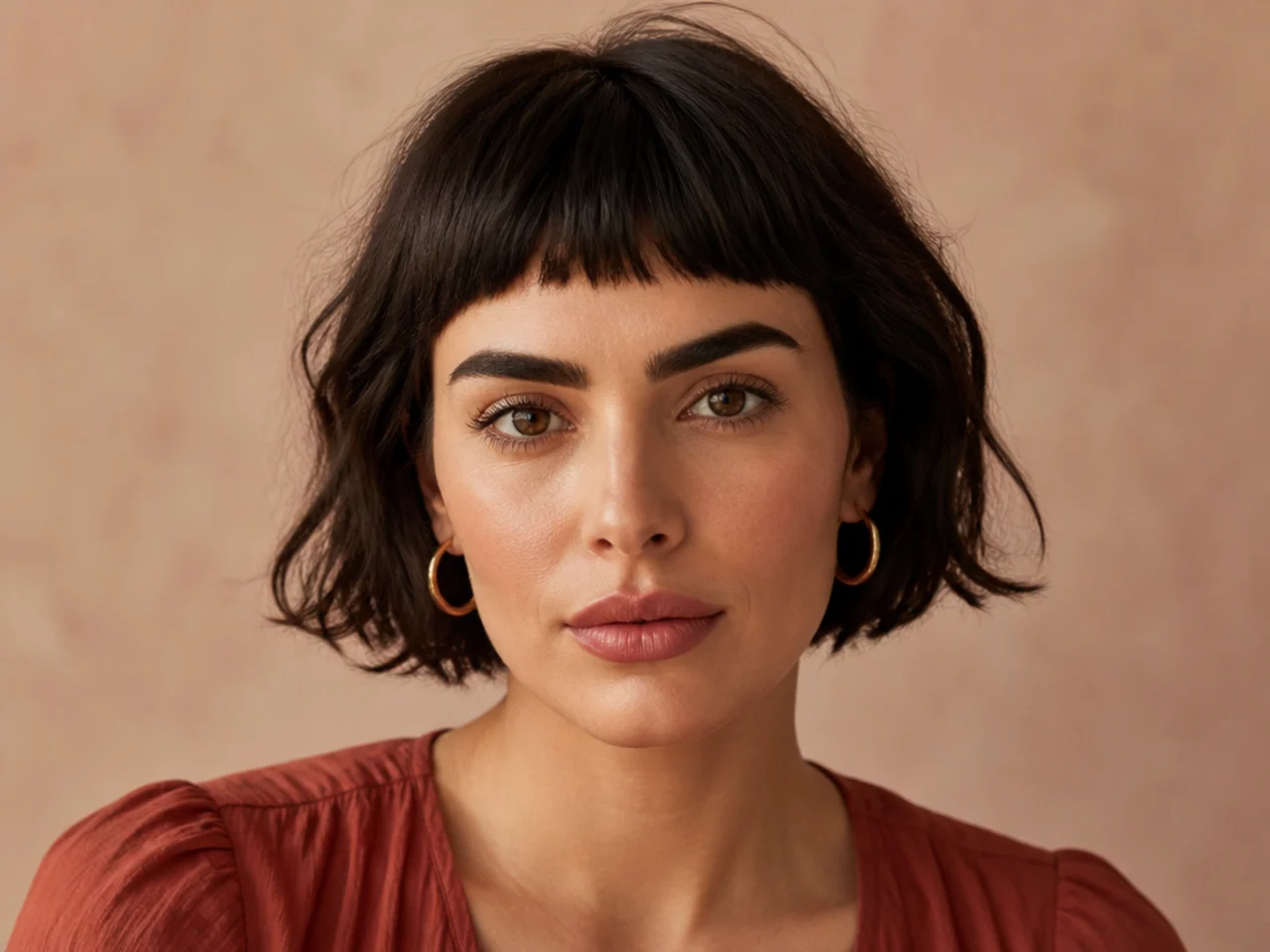 A short fringe worn with strong brows