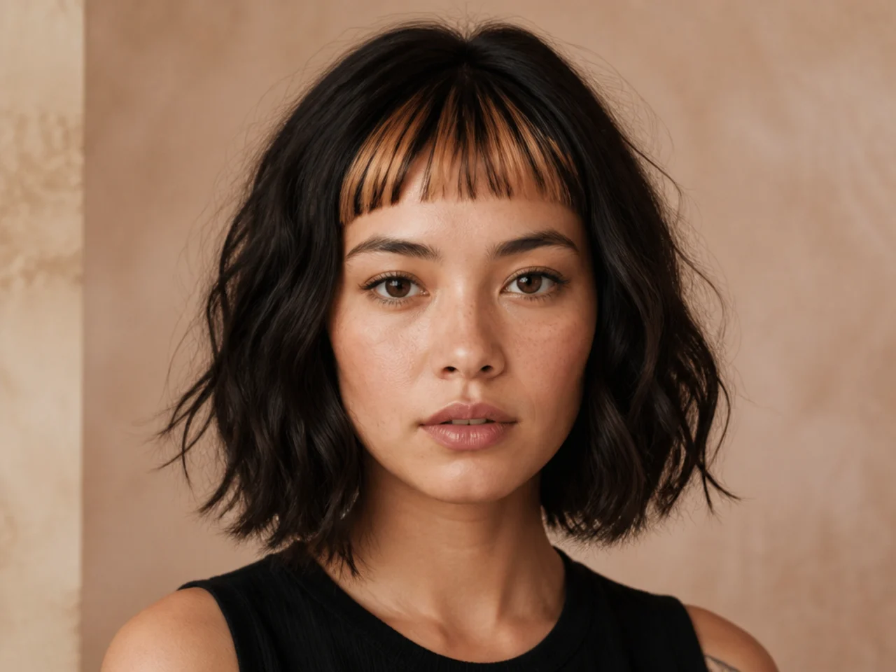 A short fringe in a contrasting shade