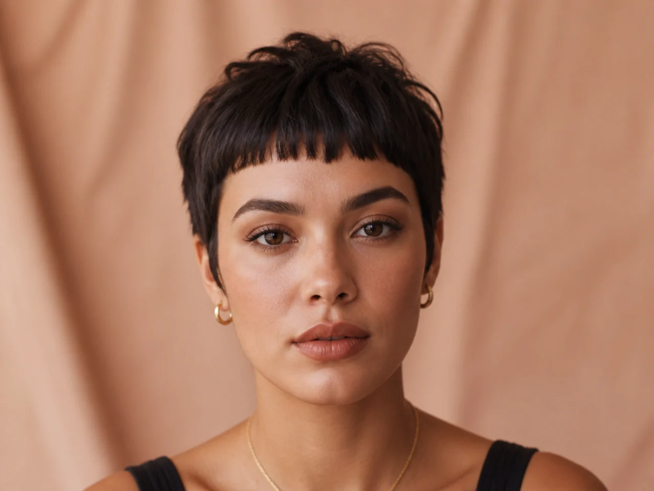 A short fringe on a pixie cut