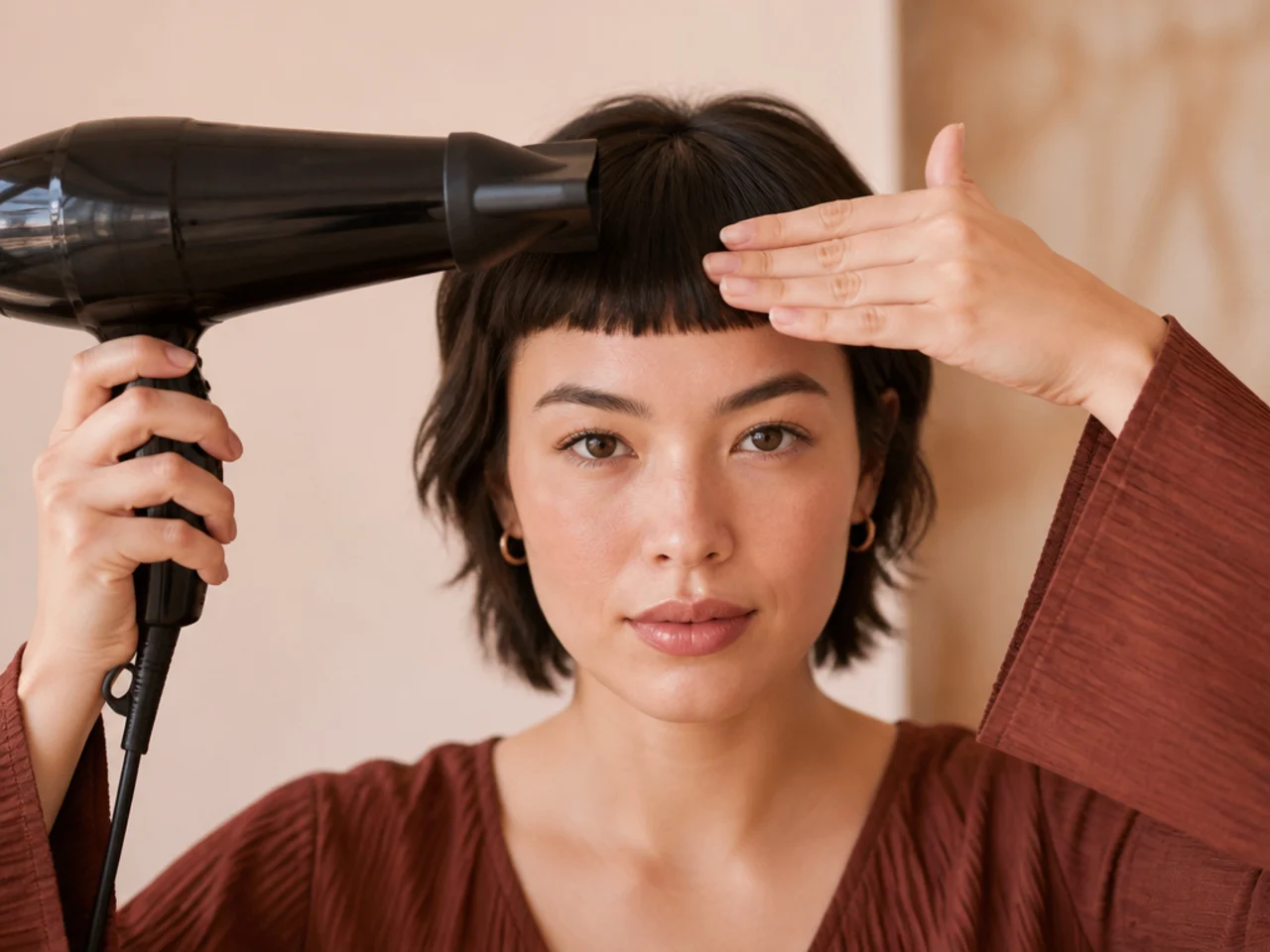 A short fringe being dried flat against the forehead