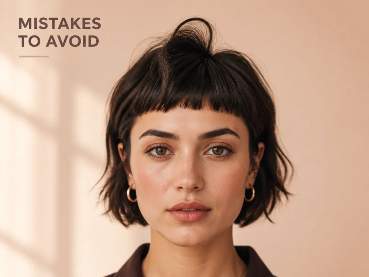 A short fringe lifted by a cowlick at the hairline