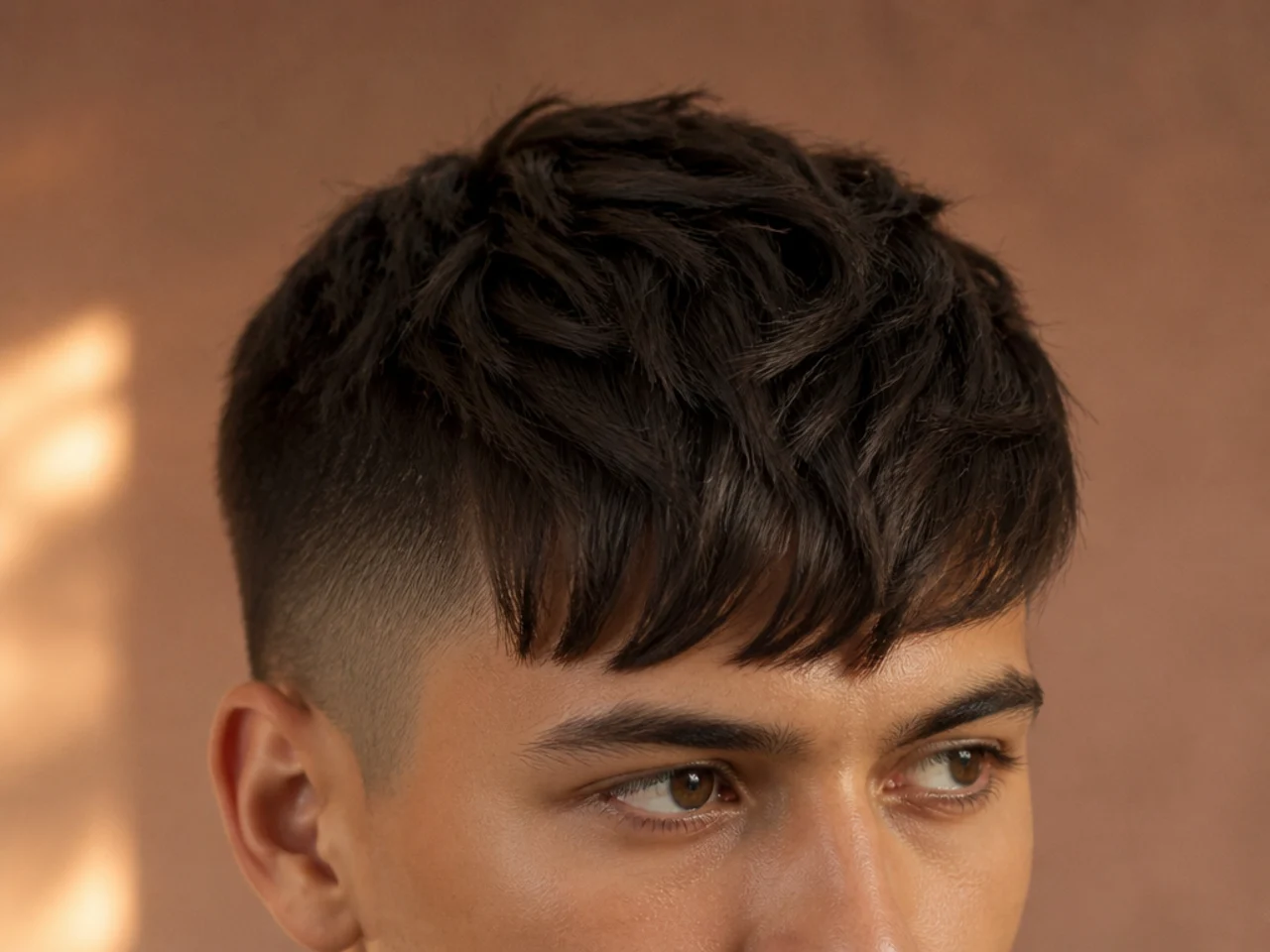 An asymmetric short fringe angled across the forehead