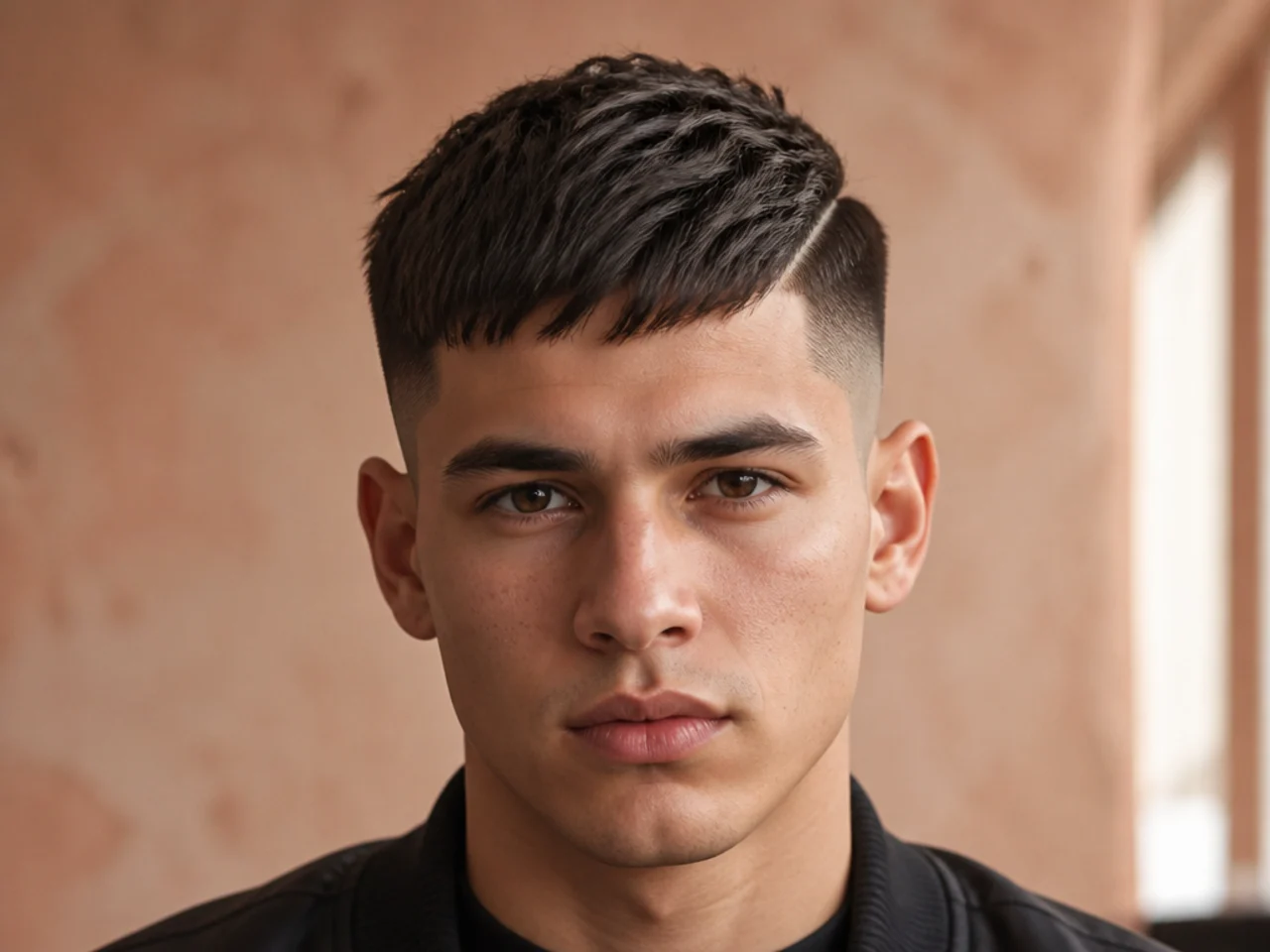 A short fringe with a hard part shaved into the side