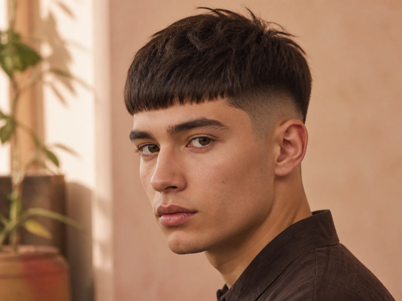 A flat Caesar-length fringe on straight hair