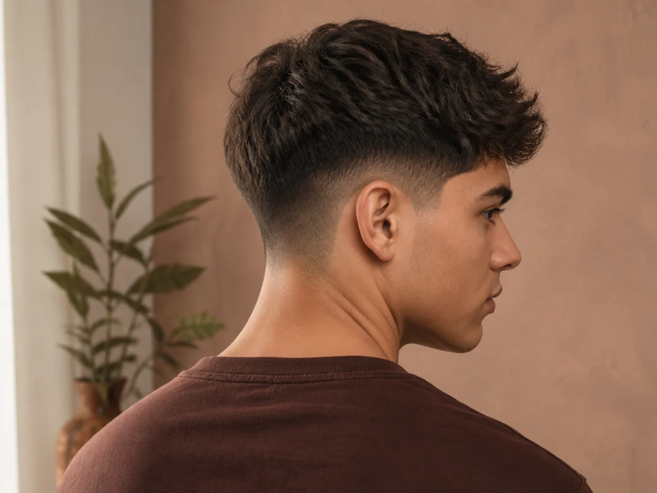 A short wavy fringe lifting off the forehead