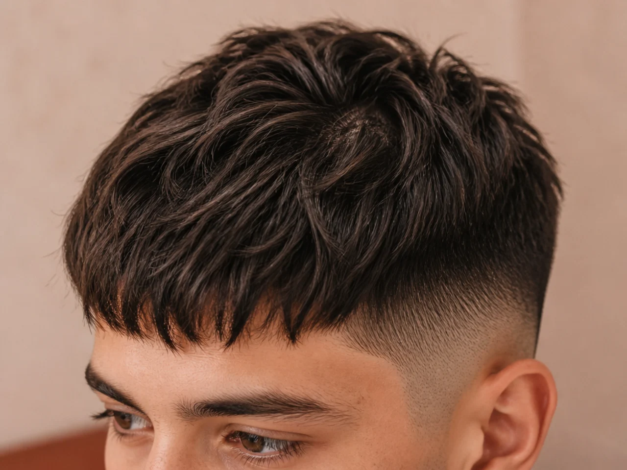 A short fringe worked around a front cowlick