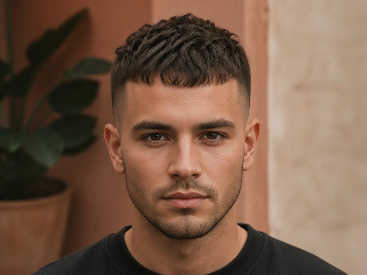 A short textured fringe on a receding hairline