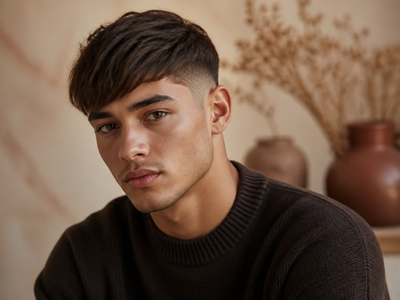 A short fringe swept diagonally across the forehead