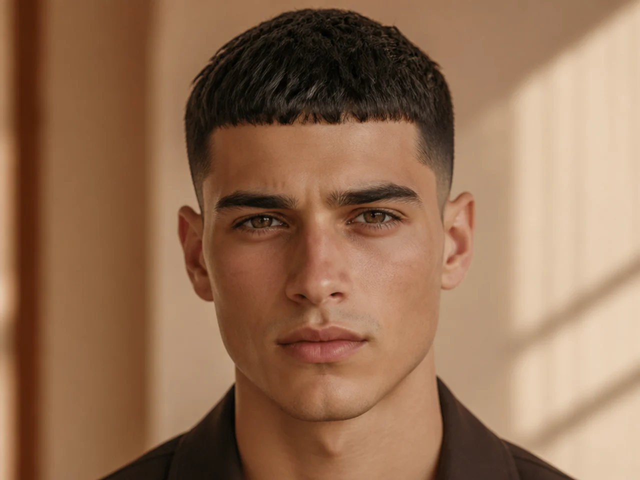 A very short micro fringe standing above the forehead