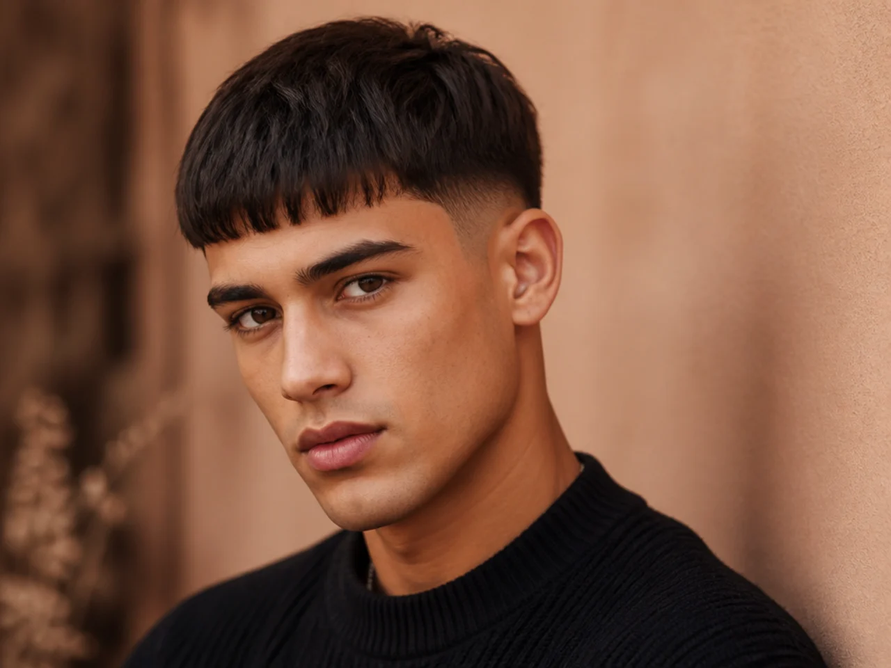 A blunt straight short fringe across the forehead