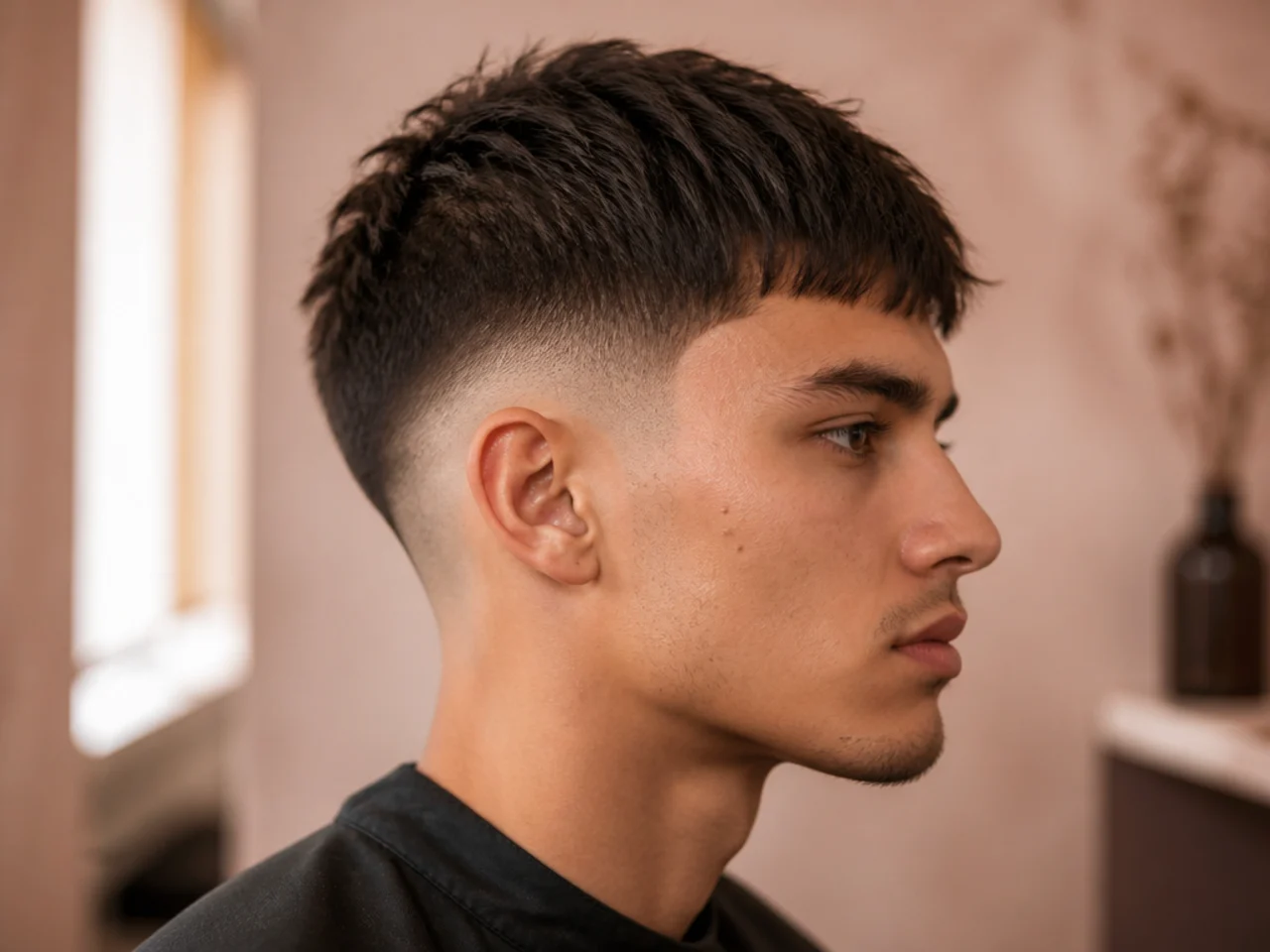 A point-cut short fringe with a broken front edge