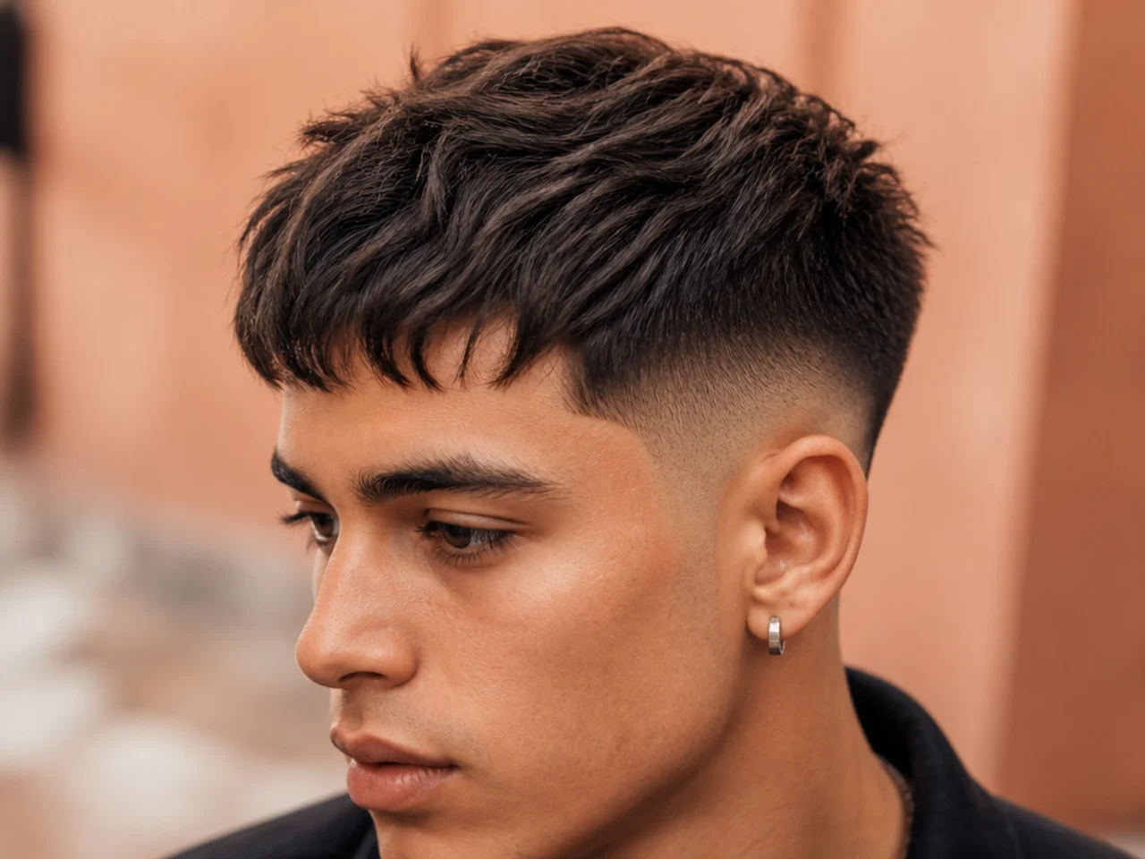 A short fringe with a mid fade at the sides