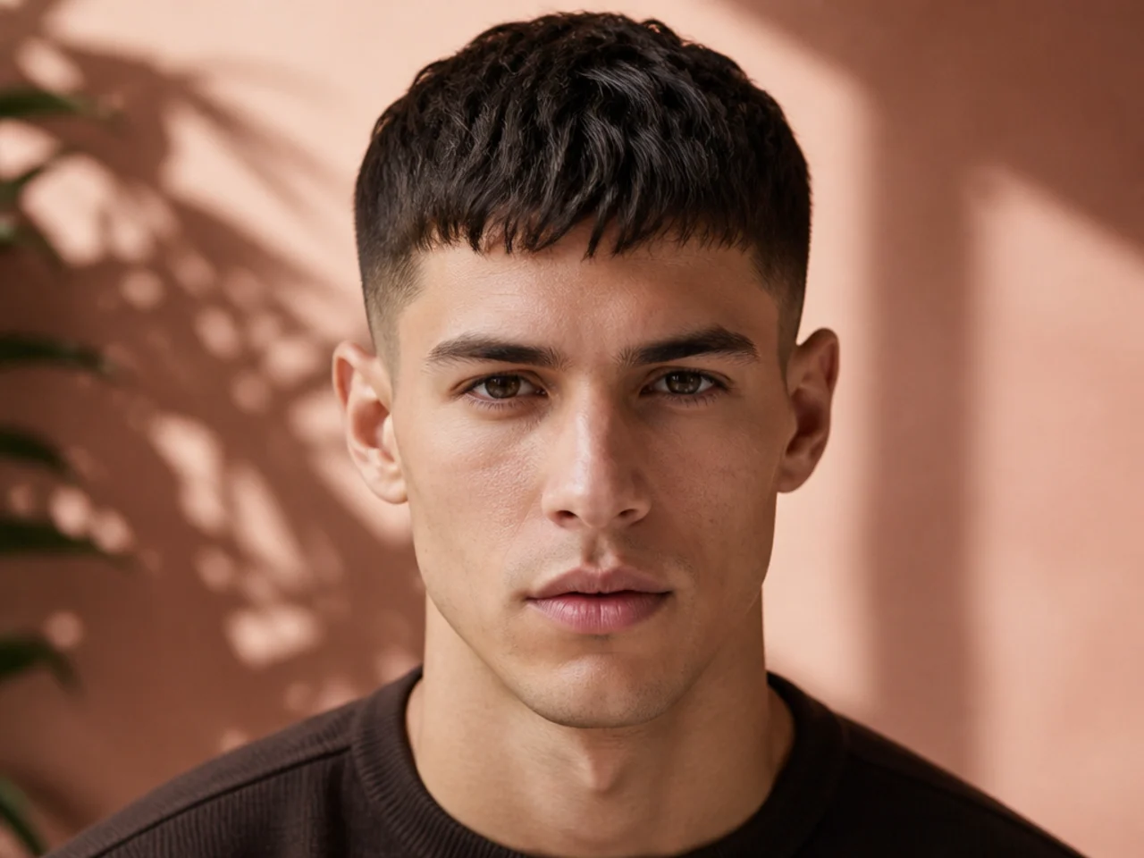 A French crop with a short forward fringe
