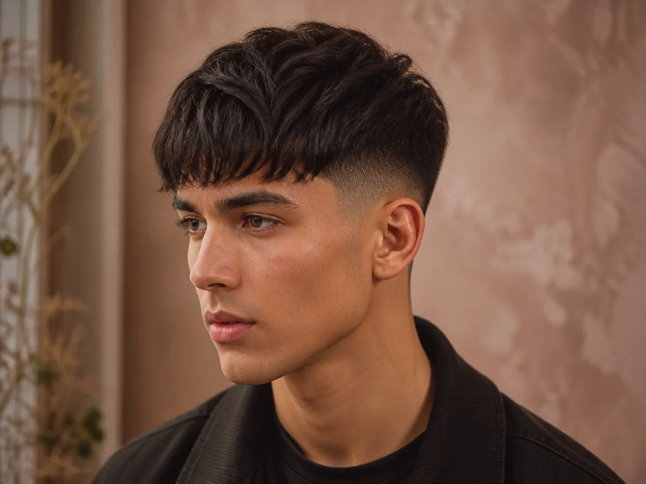 Three-quarter view of a short textured fringe