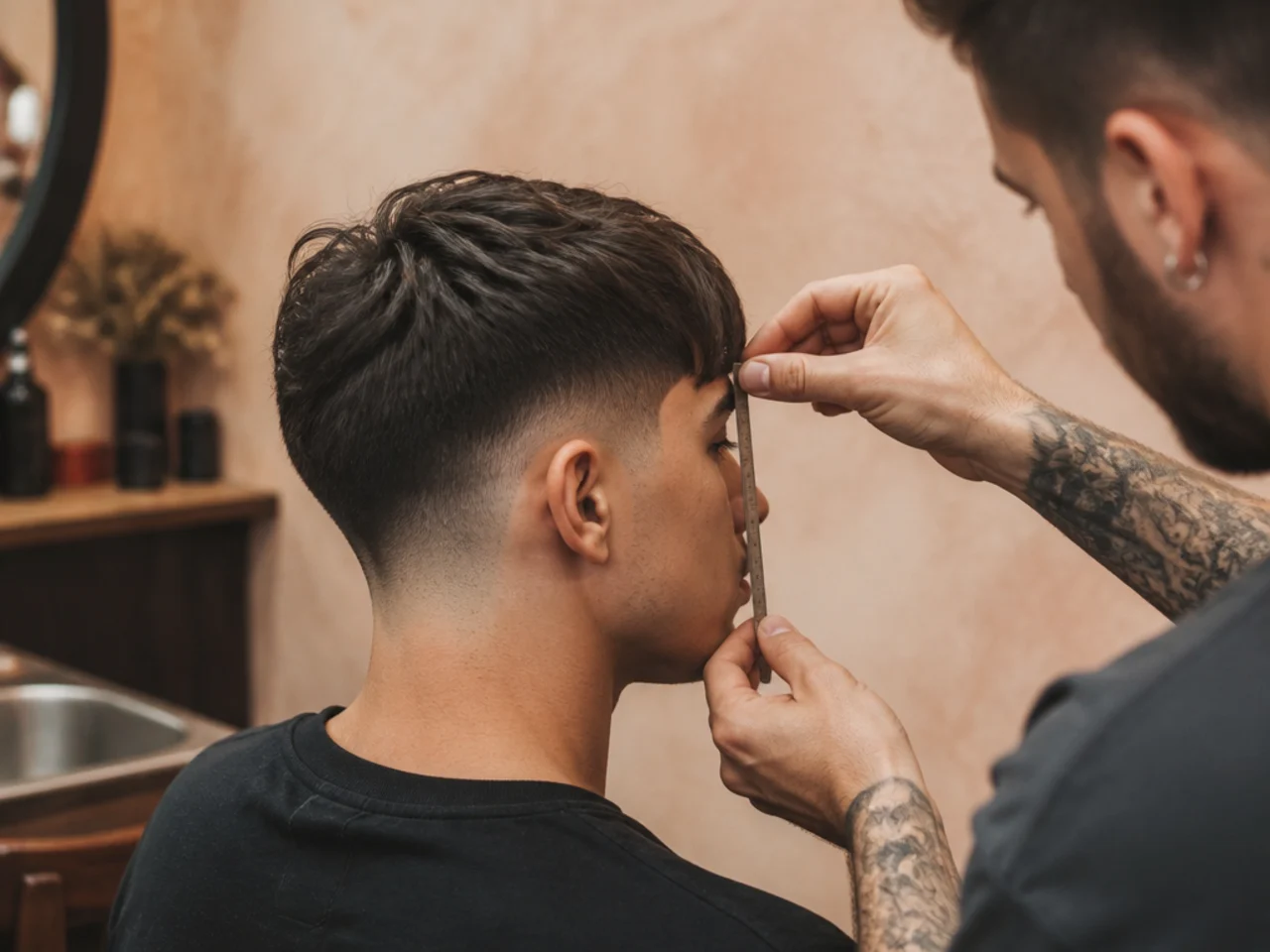 A barber measuring a fringe against the eyebrow line
