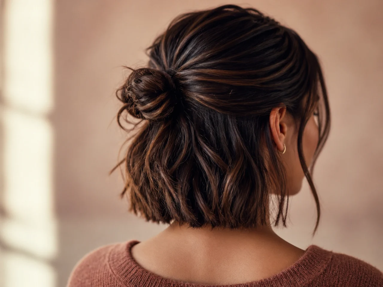 A bun on collarbone-length hair