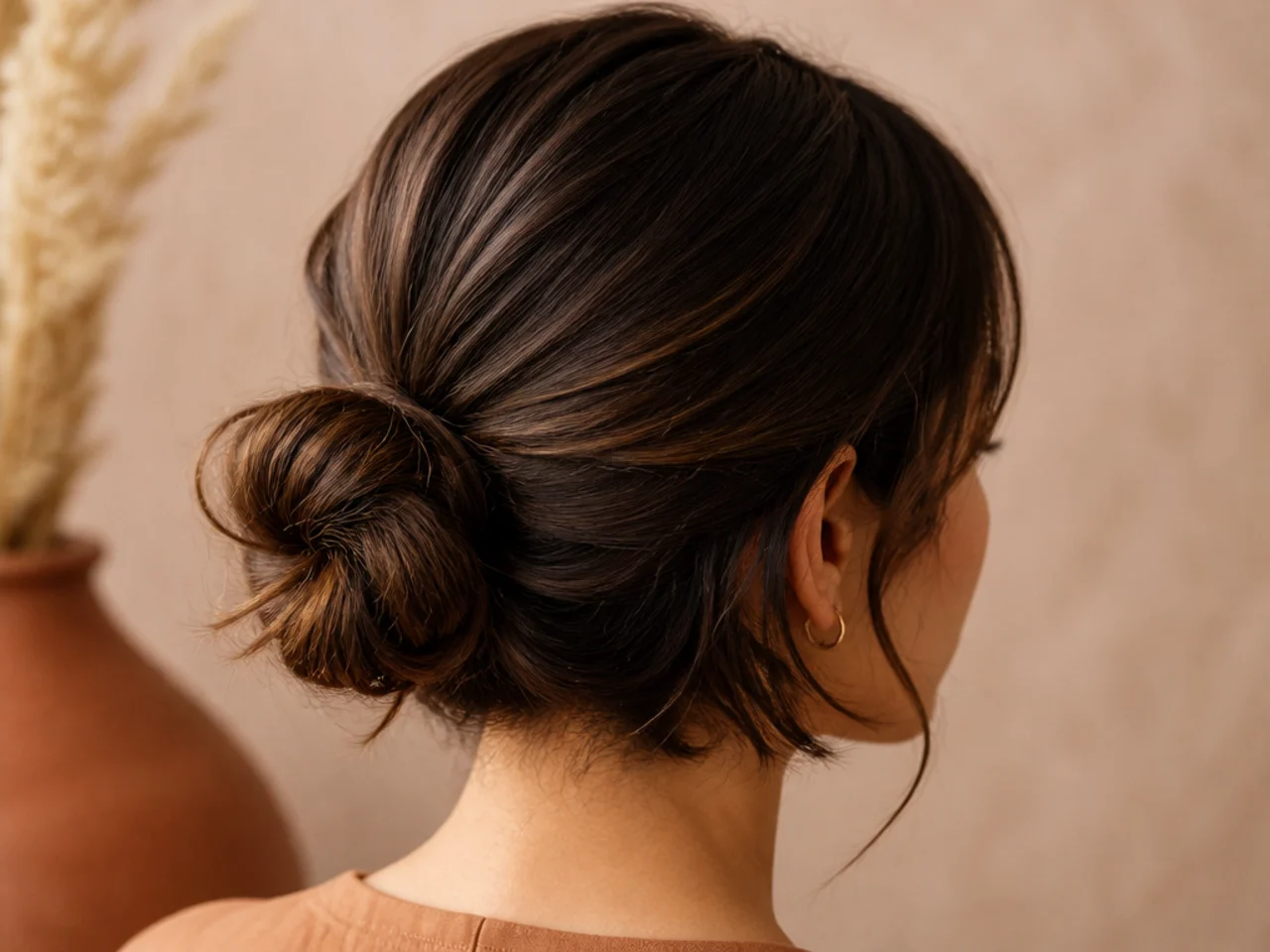 A bun on a chin-length bob