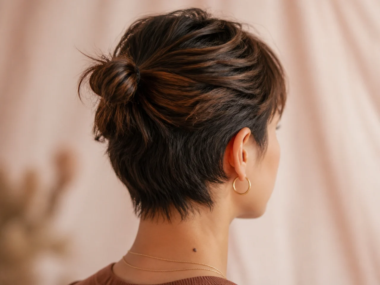 A mini bun on a growing-out pixie