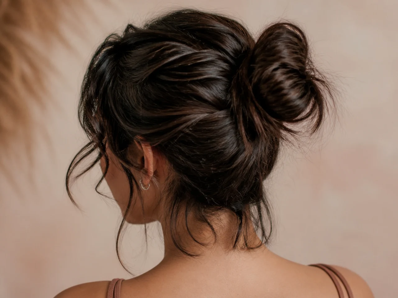 A bun on short hair with sections falling out