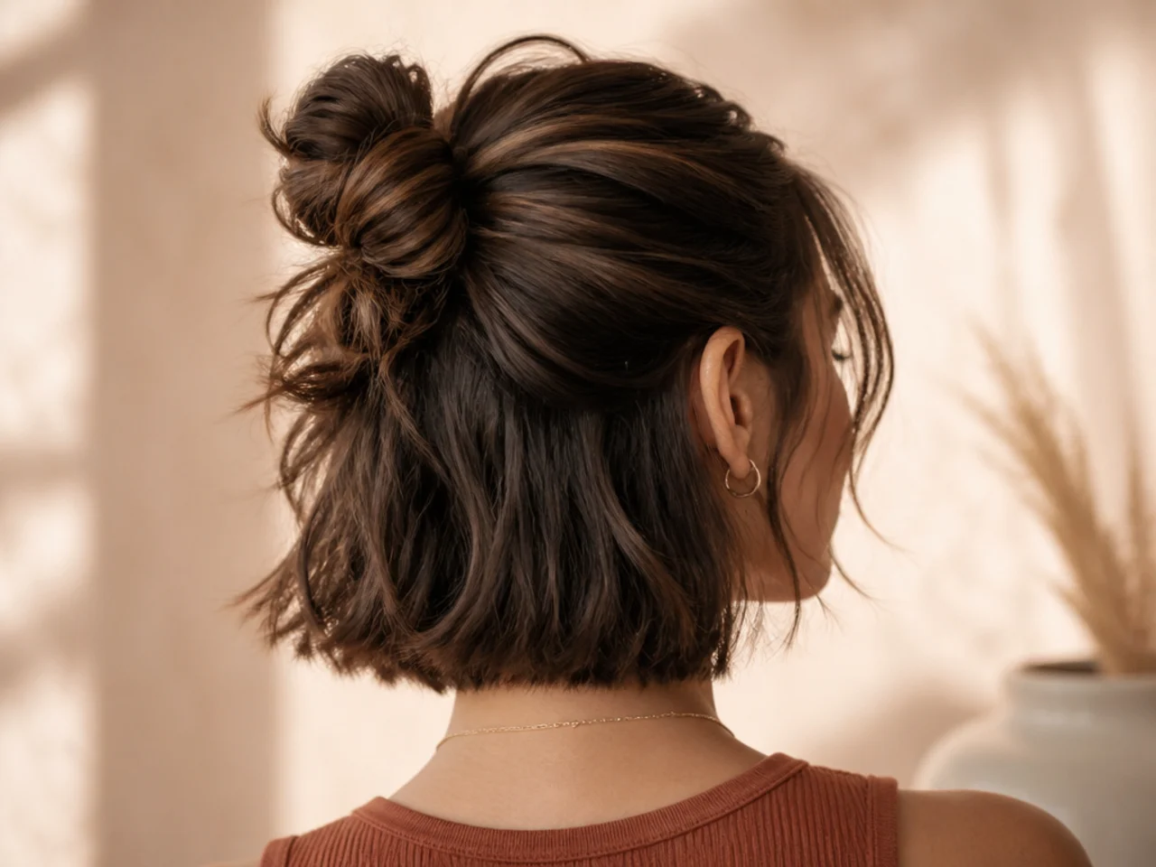 A half-up bun on short hair
