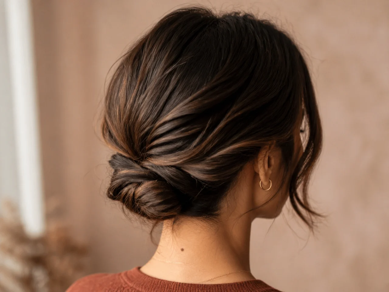 Short hair tucked under and pinned