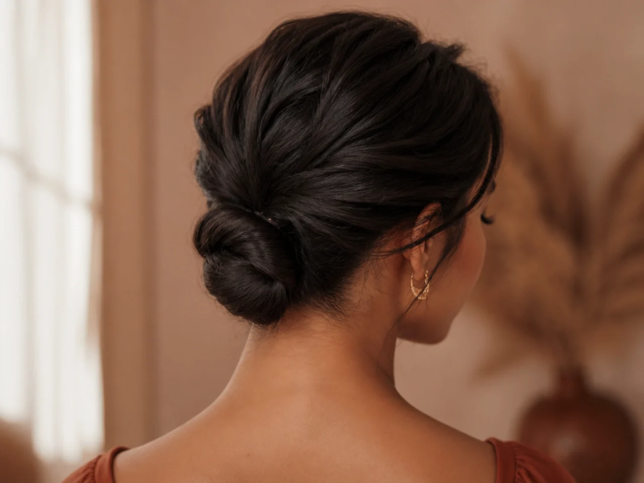 A rolled and pinned nape style on short hair