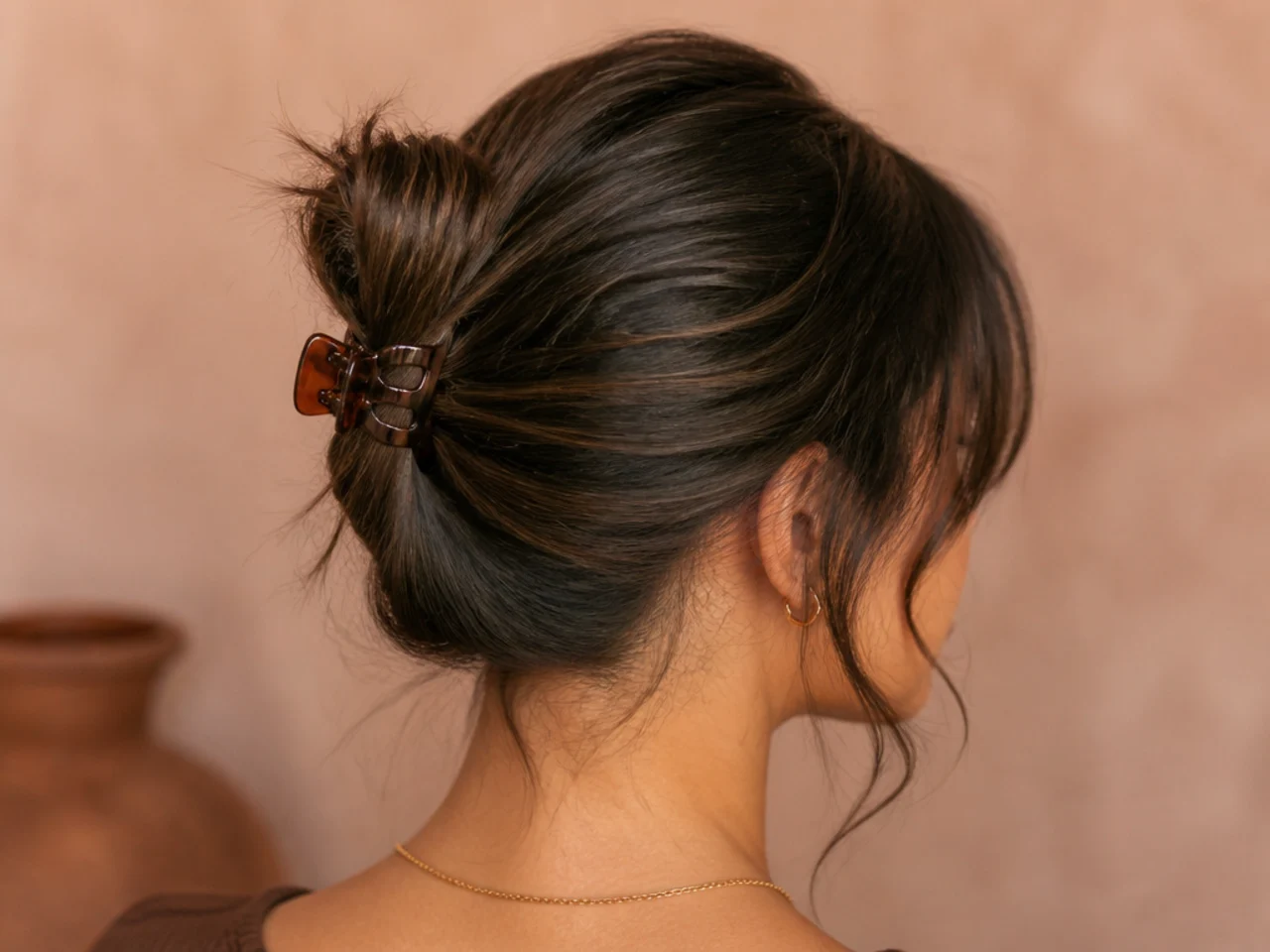 A short bun held with a small claw clip